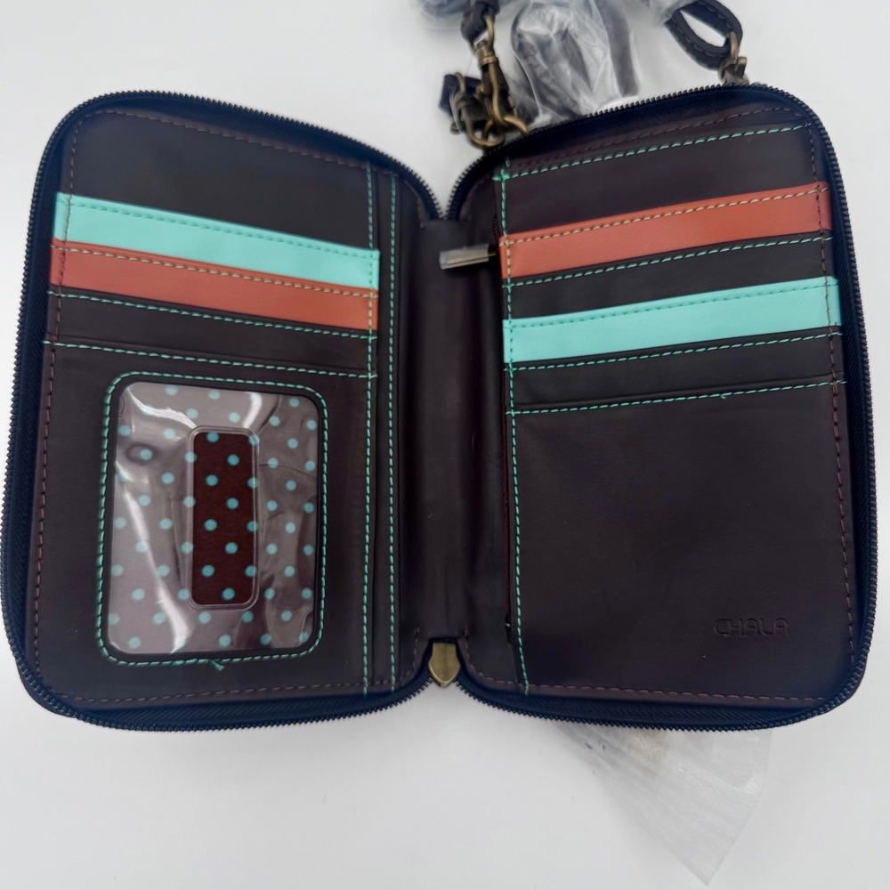 NEW Chala Brown Paw Print Cell Phone Crossbody Wallet Zip Around Purse Dog Heart - Picture 5 of 8